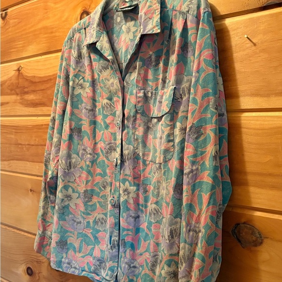 Diane Gilman Pink and Green Button Down Shirt Floral Design 100% silk - Picture 2 of 9